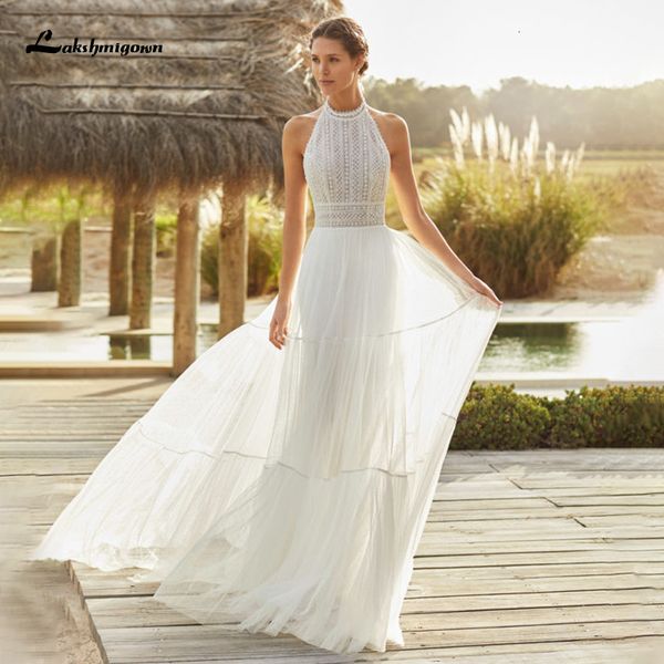 

new simple tulle long es vestidos de novia halter lace bridal gown boho wedding 2021 2la8, White
