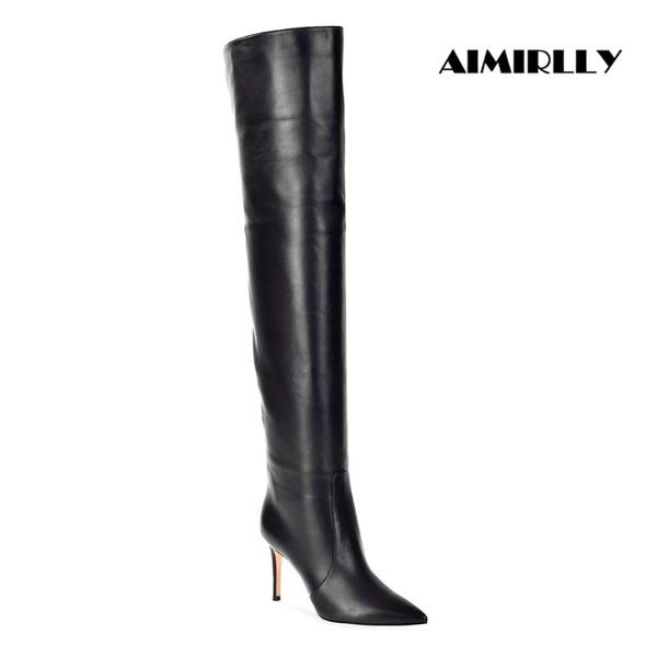 

boots pointed toe high heel black pu over the knee women slip on winter dress long big chart size us 16 10cm ladies