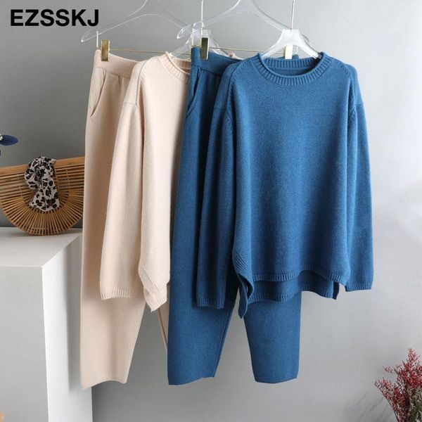 

women's two piece pants 2 pieces set women knitted tracksuit turtleneck sweater + carrot jogging pullover 2021 chic outwear, White