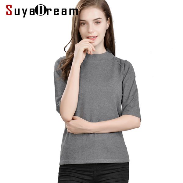 

suyadreamwomen pullovers 85%real silk 15shmere half sleeved sweaters for women fall winter bottoming knitwear navy 210218, White;black