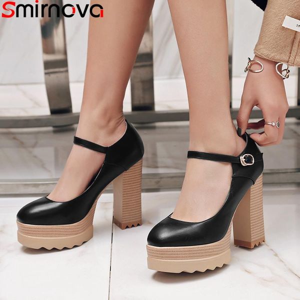 

dress shoes smirnova big size 34-42 spring woman square toe buckle pumps women platform thick high heels prom wedding, Black