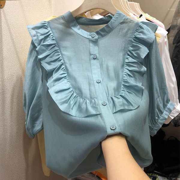 

women's blouses & shirts ruffle chiffon women summer 2021 o-neck half sleeved solid elegant office lady outwear, White