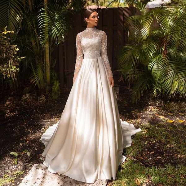 

other wedding dresses regular long sleeve illusion vintage dress high collar button back retro satin sweep train a line bridal gown, White