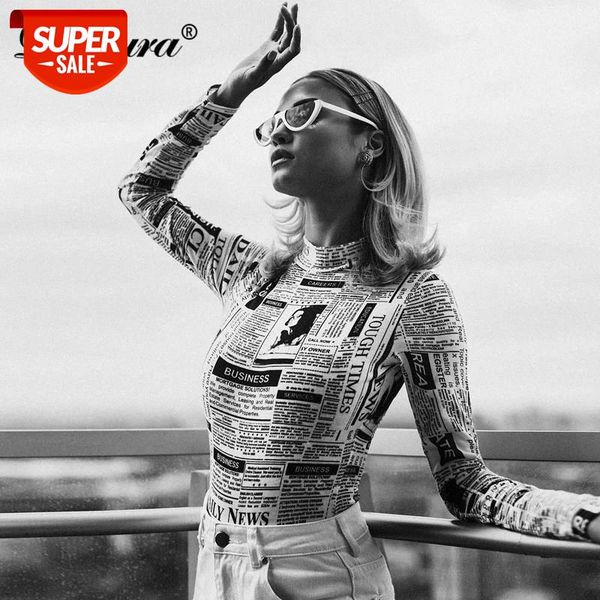 

dulzura newspaper print women bodysuit 2018 autumn winter women streetwear stretch skinny newsprint body #h542, White