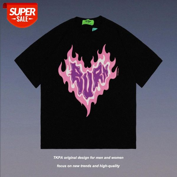 

summer dark flame love printing loose short-sleeved t-shirt men and women couple casual half-sleeved tee #h03n, White;black