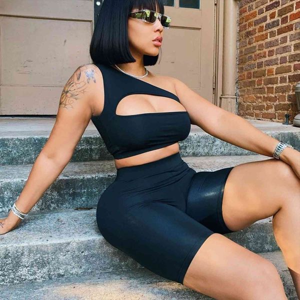 

fitness 2 piece sweatsuit autumn womens pants costumes one shoulder out crop and high waist skinny shorts active wear, White