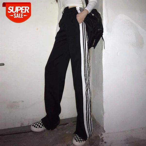 

summer new long wide-leg pants women high waist split side striped straight pants casual loose trousers women's harajuku clothes #sl4p, Black;white