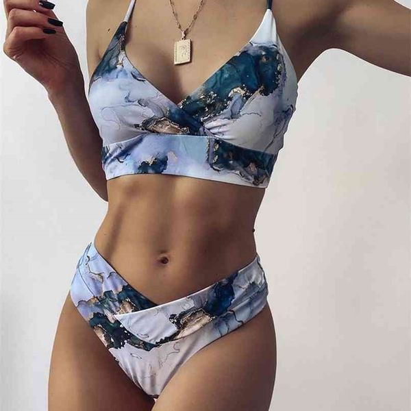 Hohe Taille Bikini Set Gelb Bandeau Badeanzug Sexy Print Tanga Frauen Bademode Zweiteilige Badende Badeanzug 210630