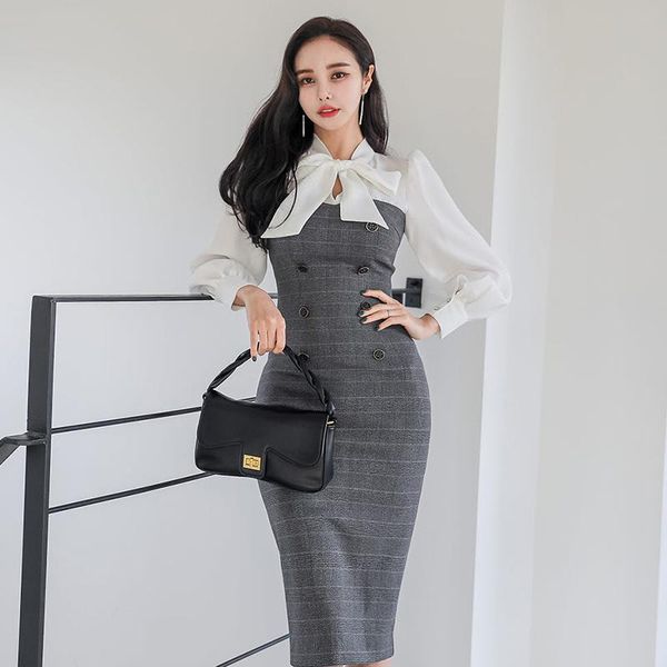

casual dresses autumn winter style elegant slim bow-knot wrap puff sleeve stitching office dress women, Black;gray