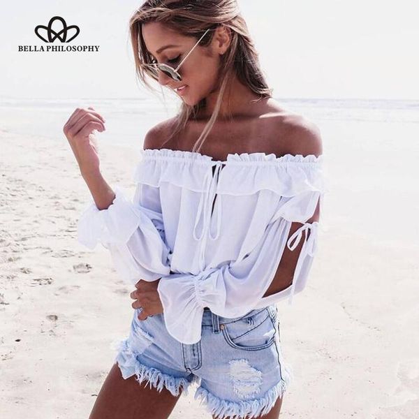 

women's blouses & shirts hstar 2021 ruffled strap chiffon blouse shirt crop off shouder white hollow out blusas chemise