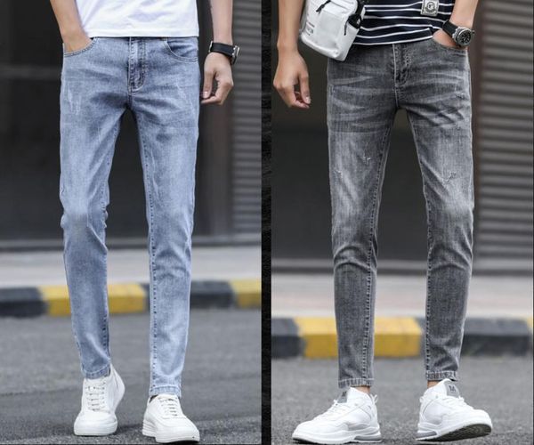 

men's jeans wholesale 2021 fashion washing teenagers denim summer thin brand stretch korean casual light-colored pencil pants, Blue