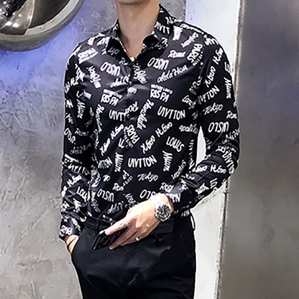 

printing designer men's long thin male shirt fit shirts dressed streetwear social blouse pd2g, White;black