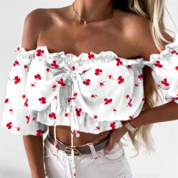 

women's blouses & shirts women 2021 spring slash neck floral print shirt summer drawstring slim office lady blusa off shoulder ruffle c, White