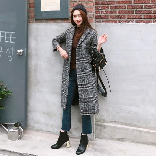 

women's wool & blends 2021 spring autumn plaid coat fashion long woolen slim type female winter jackets outwear, Black