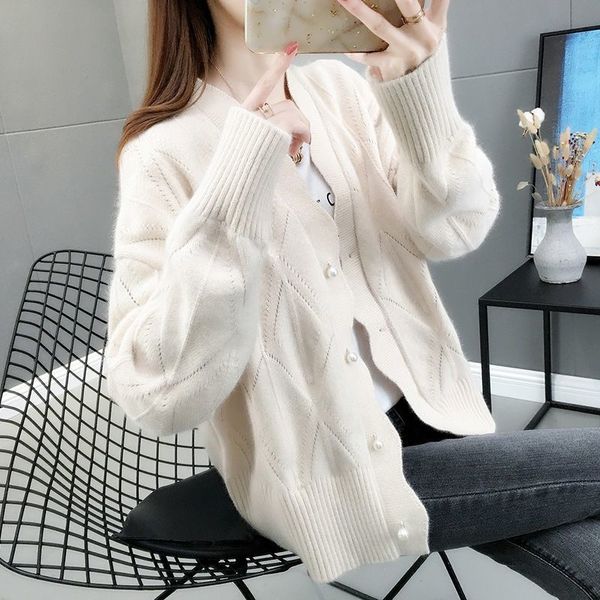

2021 new women spring autumn knitted cardigan coat female solid color v neck long sleeve sweater casual chic knit shirt l401fzik, White;black