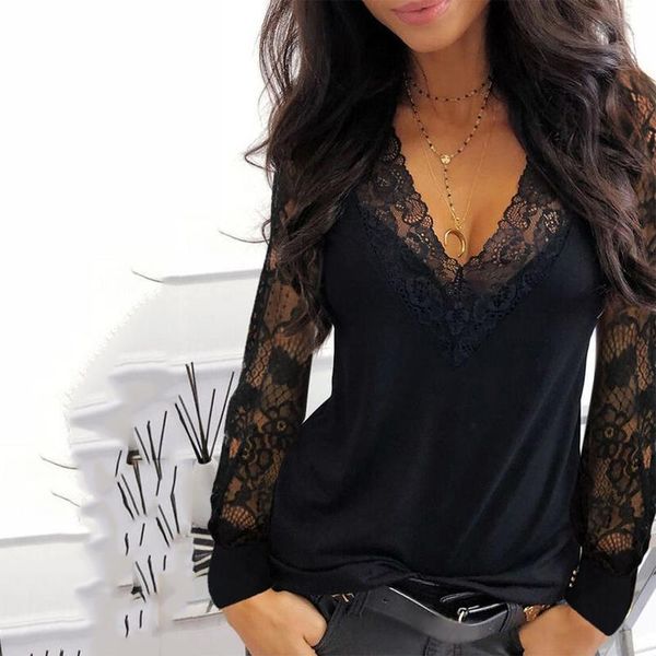 

casual v-neck lace long sleeve t-shirt for women spring winter clothes solid color black tee shirt office lady top, White