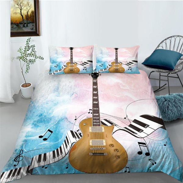Set di biancheria da letto Set da letto per la casa Copripiumino di lusso rosa e blu Regalo stampato in chitarra 3D di alta qualità per vestiti da donna