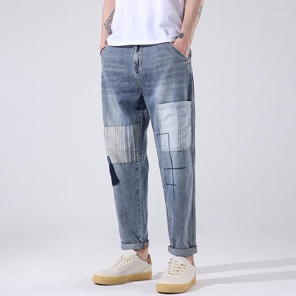

patch hole jeans men's light boys' pants summer straight tube trend loose daddy, Blue