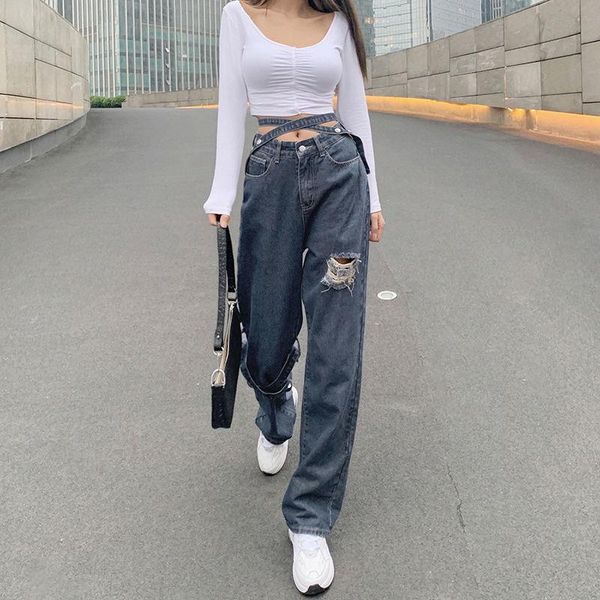 

women's jeans woman pants pierced high waist straight retro thin loose wide pantalones vaqueros mujer, Blue