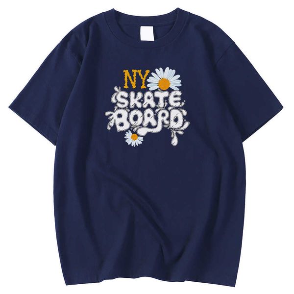 Crewneck S-xxxl Man camisetas camisetas de primavera de verão NY Skateboard Crysanthemum Impressão de roupas imprimidas em tamanho grande 2021 Male Y0809