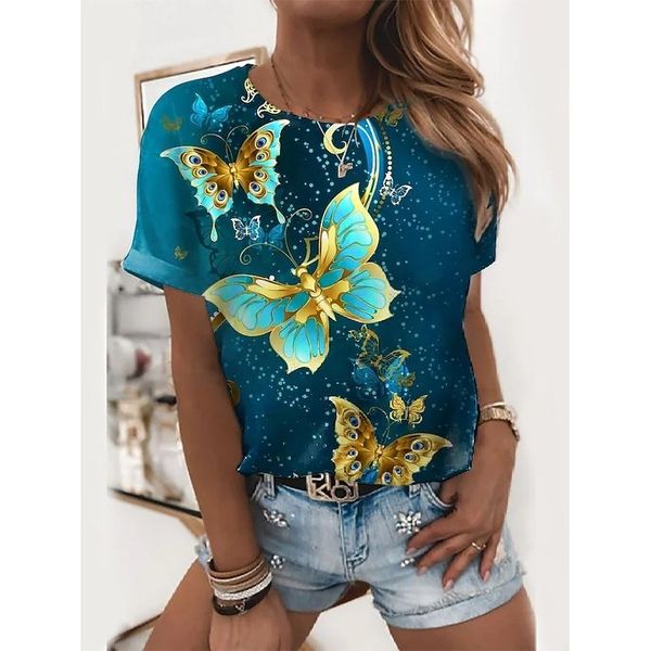 

bright color butterfly print women is fashion word 3d printing short slim-fit t-shirt summer casual round neck short short-sleeved t-shirt, White