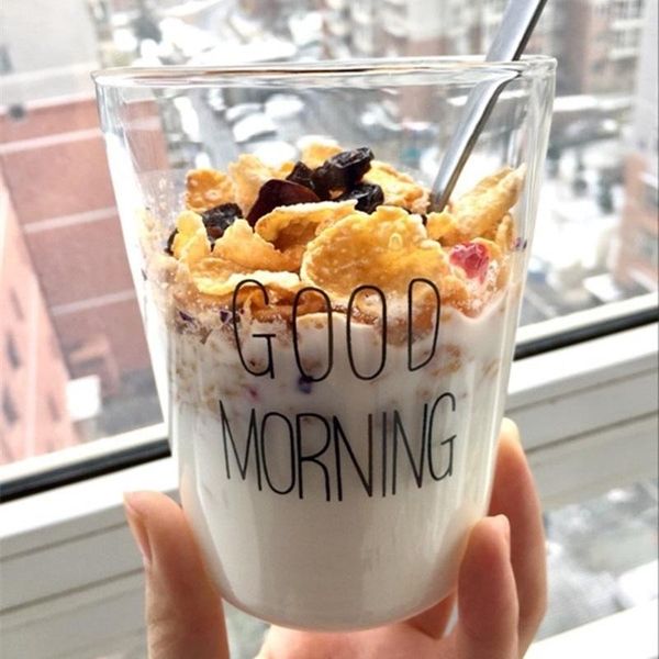 

2 pcs/lot lovely glass breakfast cup coffee milk mug creative good morning mug gifts 450ml,glass coffee travel cup