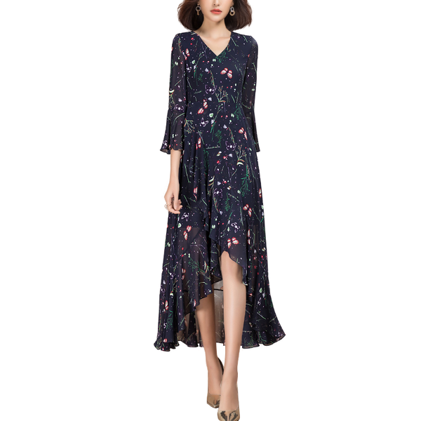 

v 2021 spring fashion neck floral chiffon dress long for women, Black;gray
