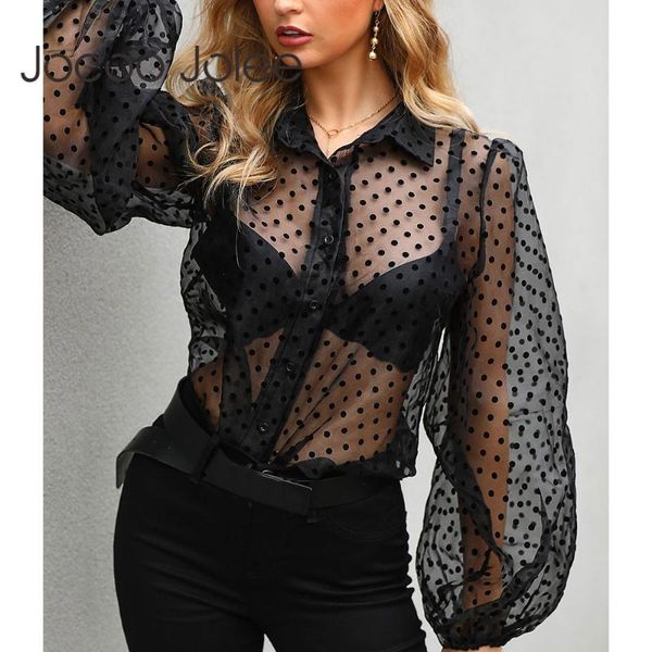 

jocoo jolee women mesh sheer blouse see-through lantern long sleeve shirt fashion polka dot transparent white shirt female blusa