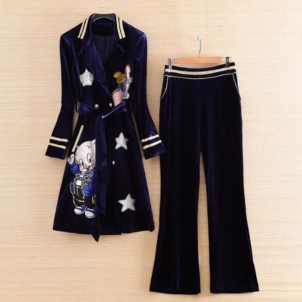 

women women 2 pieces set embroidery coat + blue pants elegant lady casual velvet cartoon suit set s-xl, White