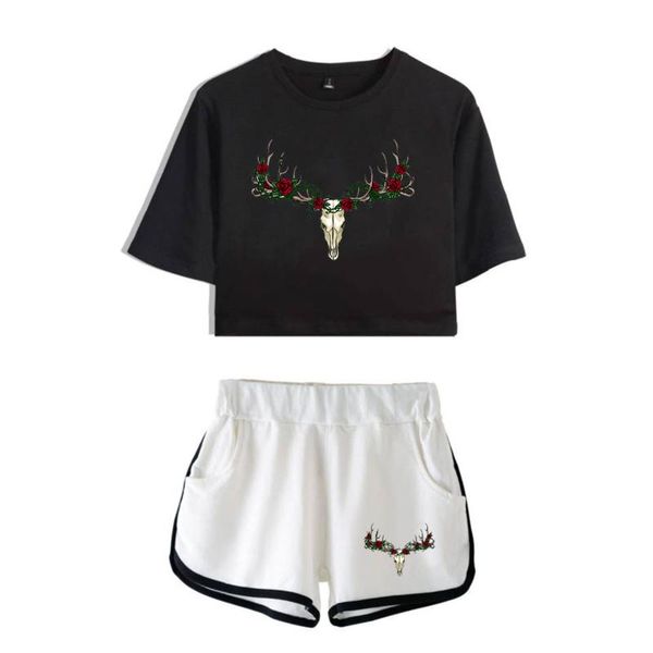 

women's tracksuits y2k skeleton deer women-clothes two piece set summer short sleeve crop shorts fashion hip hop earphone girl streetwe, Gray