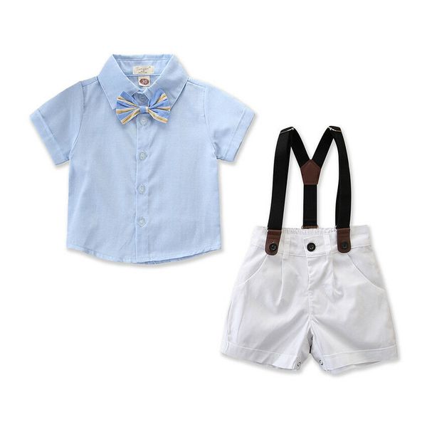 

newborn baby kids boy gentleman outfit clothes blue short sleeve shirt +bib pants jumpsuit outfit 6m-5y, White