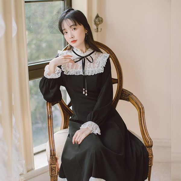

casual dresses female sweet lovely lace patchwork literary retro mid-length dress 2021 trumpet sleeve student women vestido, Black;gray