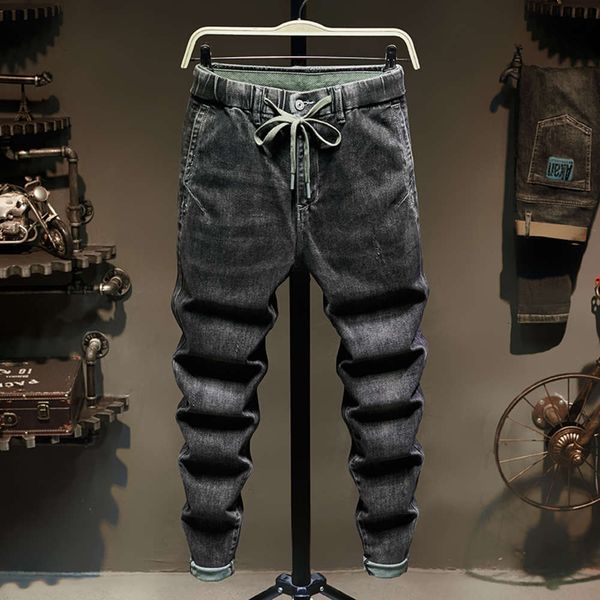 

autumn winter black and grey jeans trendy slim korean trend elastic waist tie men's pants, Blue