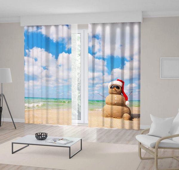 

curtain & drapes sandy snowman wearing sunglasses ocean fluffy clouds beach summertime holiday po beige blue