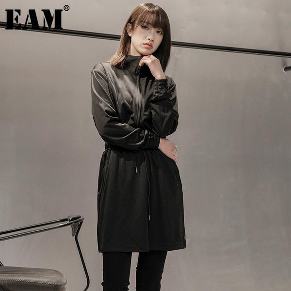 

casual dresses [eam] women black drawstring zipper big size dress stand neck long sleeve loose fit fashion tide spring autumn 2021 1dd6015, Black;gray