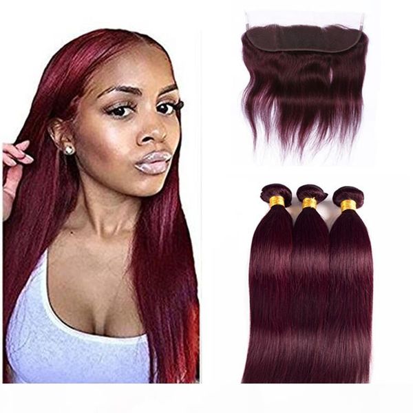 

#99j burgundy brazilian hair weaves with ear to ear closure wine red silk straight human hair 3 bundles with lace frontal 4pcs lot, Black;brown