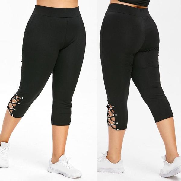 

women's leggings women high waist cropped trousers pants elastic bandage plus size, Black