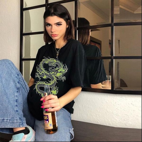 

dragon print t shirt women plus size short sleeve tumblr casual new streetwear hip hop harajuku fun basic ladies summer tee, White
