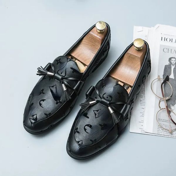 

tassel printed decorative business casual shoes comfortable one foot pedal men lefu pu leather flat bottom round head fashion daily dh135, Black