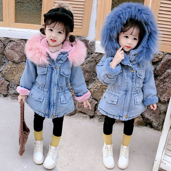 

high-end winter baby girls coats hooded cowboy jacket remove fur collar kids clothes plus velvet thick denim children outerwear, White