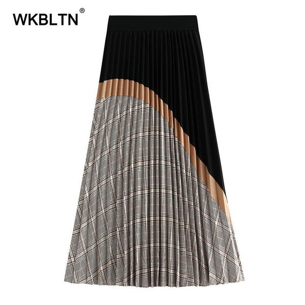 

skirts plaid patchwork half length elastic skirt chic high waist pleated women 2021 spring autumn vintage midi, Black