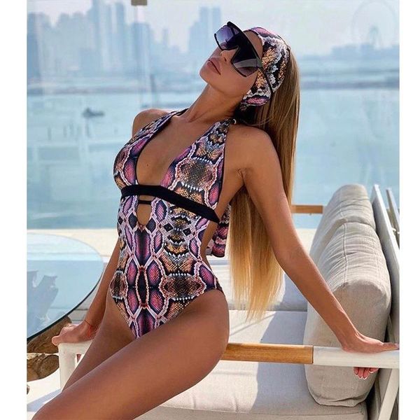 

2021 snake print one piece swimsuit women swimwear female push up monokini beach wear bathing swimming suits for women