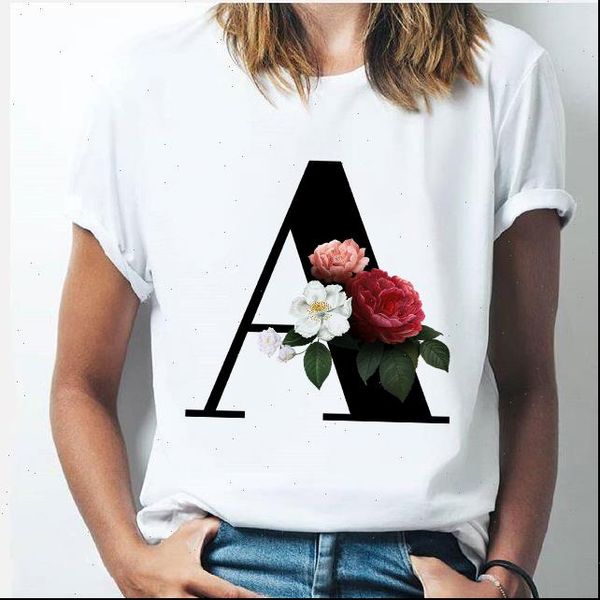 

letter flower women t shirts harajuku kawaii graphic printed t shirt fashion o neck female clothes tees, White