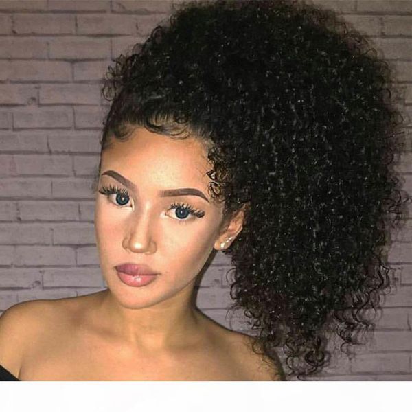 

22" long drawstring ponytail hair extension one piece hairpiece human hair binding pony tail clip in hair extensions for girl lady woma, Black