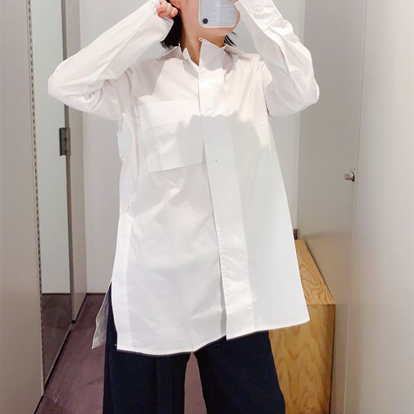 

2021 new blusa branca feminina algodo manga longa hem slpit turn-down colarinho solto nico breasted escritrio senhora camisa outono ejgt, Black