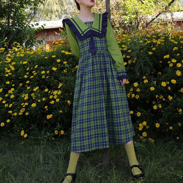 

dressed korean cheese fashions in japanese green plaid skirt mori style slimming 2021 new kawaii 9o3o, Black;gray