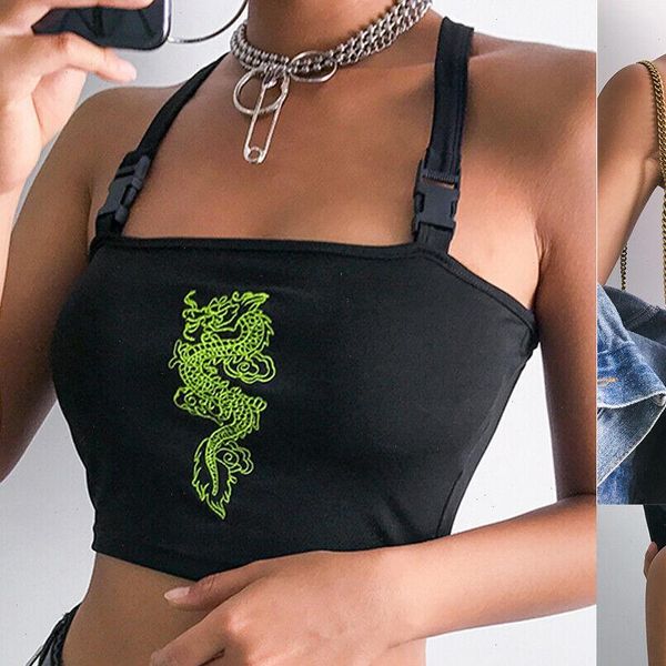 

fashion women summer new buckle vest boob tube crop bralet sheer dragon embroidery stylish cami tank top, White