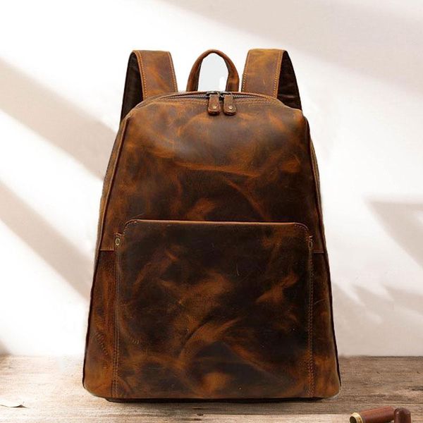 

backpack crazy horse leather genuine handmade vintage cowhide student schoolbag woman men travel hiking backbag solid color bag