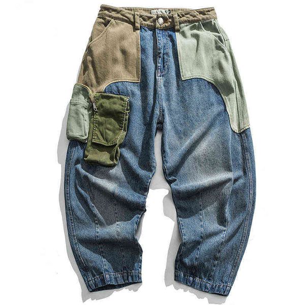 

[ewq] jeans patchwork multi-pocket couple denim pants beggar style japanese autumn high street casual women streetwear 211129, Blue