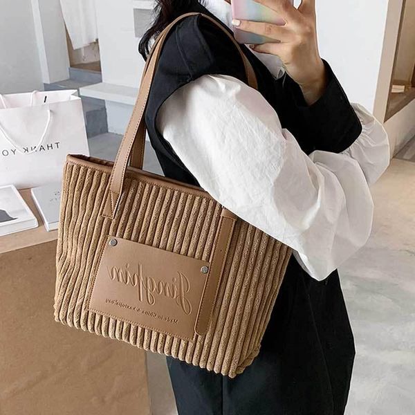 

corduroy leather women patchwork shoulder bag soft plush stripes design handbag female new satchels cloth fabric tote for ladies